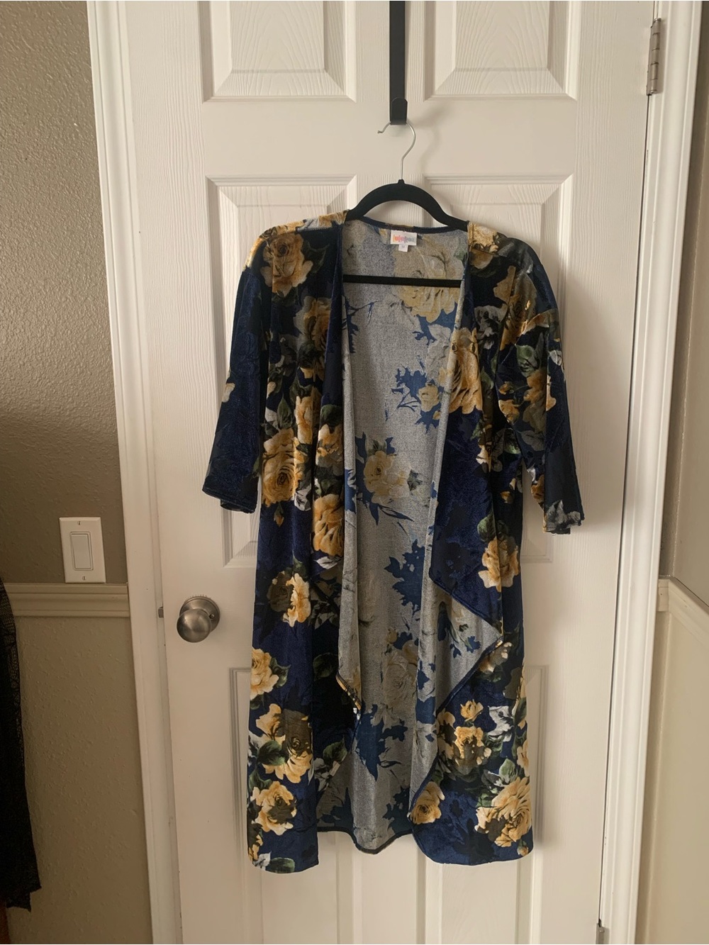 Navy Floral Open Front Duster Kimono with Yellow Roses